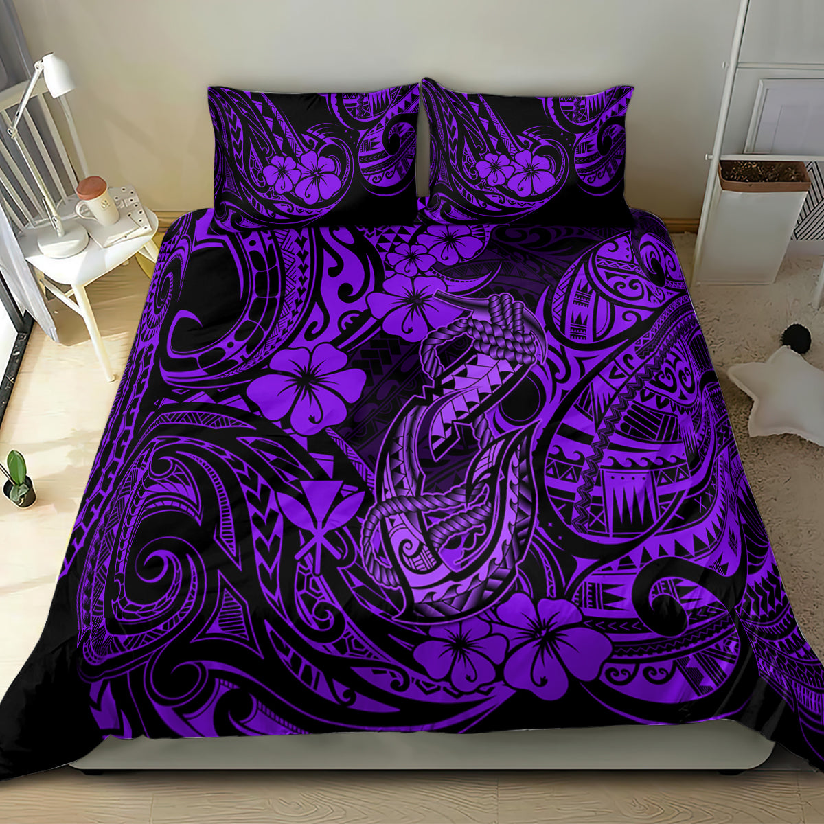 Purple Hawaiian bedding set comforter with hibiscus and tiki tribal fish hook design