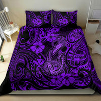 Purple Hawaiian bedding set comforter with hibiscus and tiki tribal fish hook design