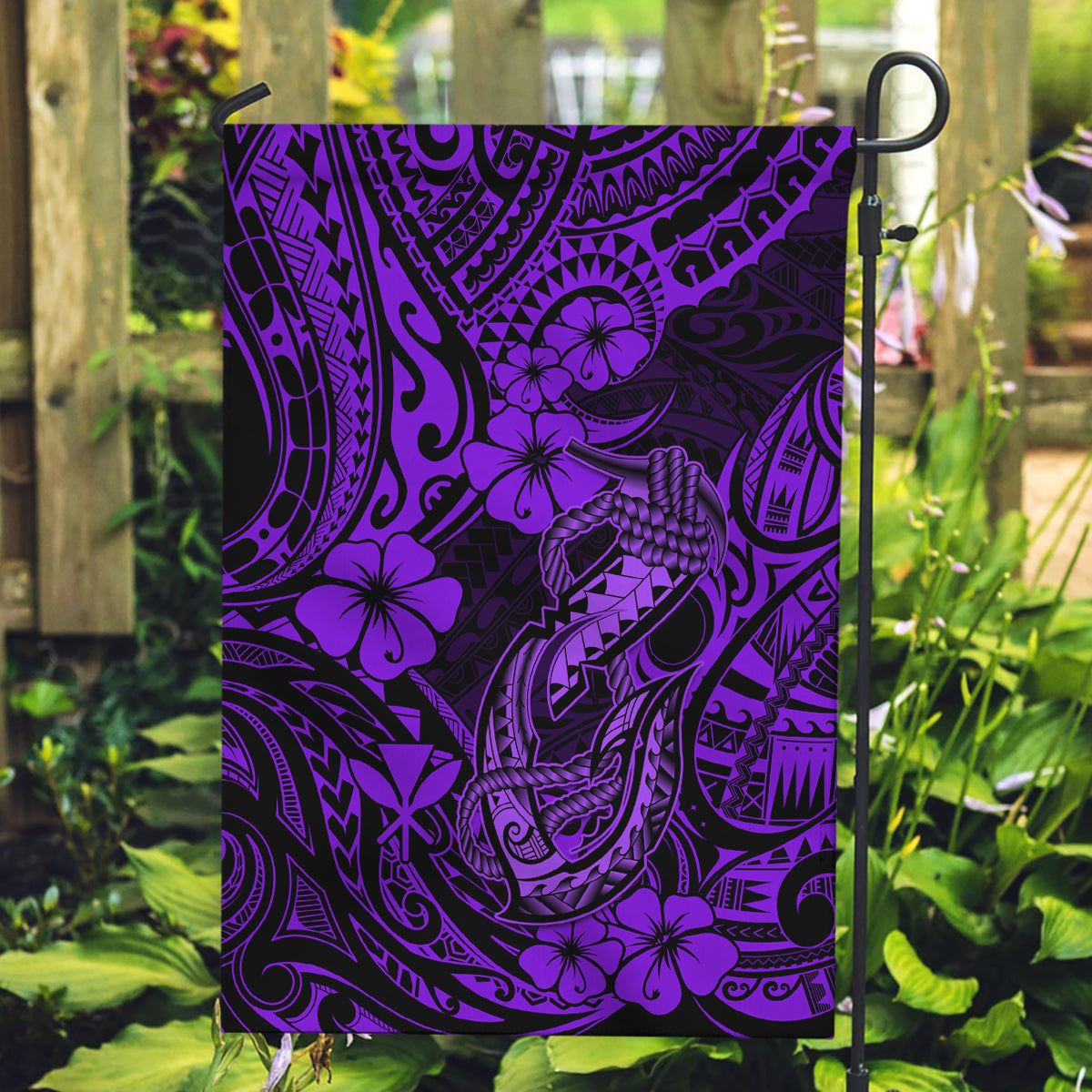 Hawaii Fish Hook Garden Flag Hibiscus Hawaii Tribal Tattoo Purple Version - Wonder Print Shop