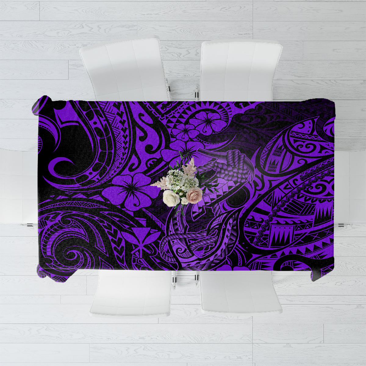 Purple hibiscus tribal tattoo tablecloth, rectangular table cover