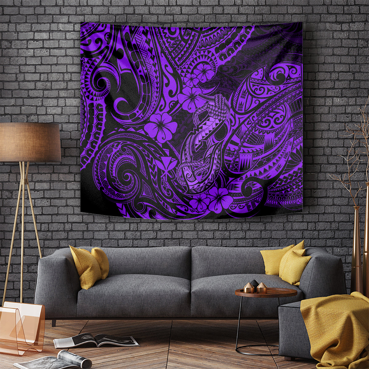 Purple tribal fish-hook tapestry with hibiscus flowers and swirling ornamental motifs