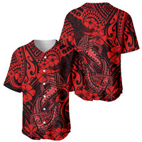 Red baseball jersey with hibiscus and tribal fishhook print, short sleeves