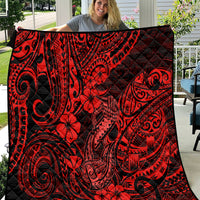 Red and black hibiscus and tribal tattoo style quilt blanket with fish hook motifs