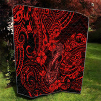 Red and black hibiscus tribal tattoo quilt blanket with swirling fish hook motifs
