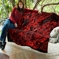 Red and black hibiscus tribal tattoo quilt blanket with fish hook scrollwork pattern