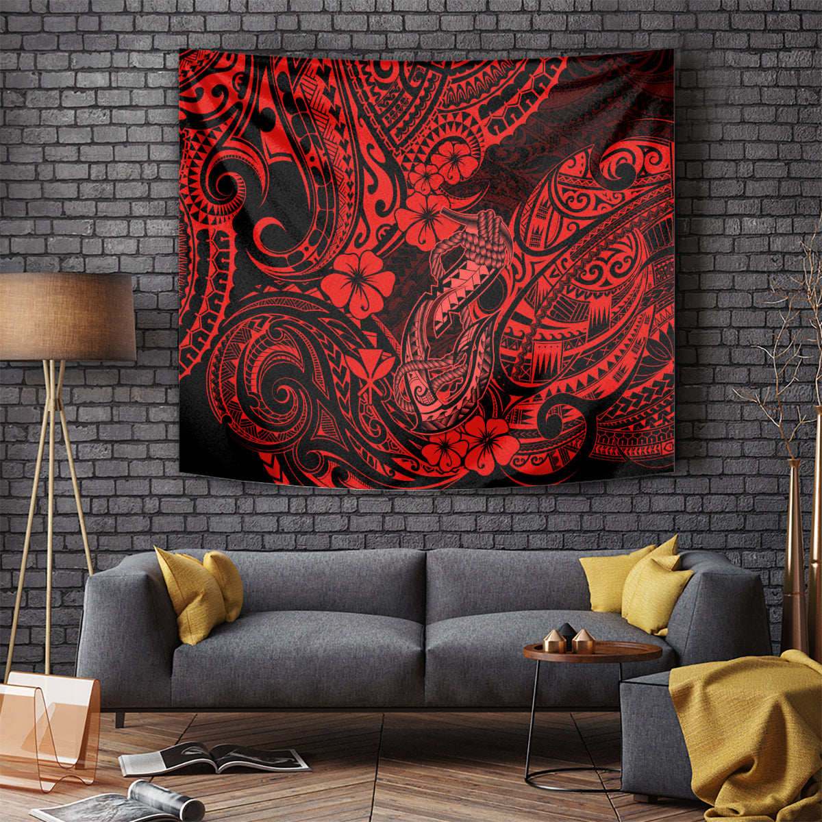 hawaii-fish-hook-tapestry-hibiscus-hawaii-tribal-tattoo-red-version