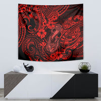 Red and black hibiscus tribal fish hook tapestry wall hanging with ornate swirl shapes.