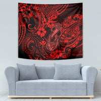 Red and black tribal fish hook tapestry wall hanging with hibiscus flower details.