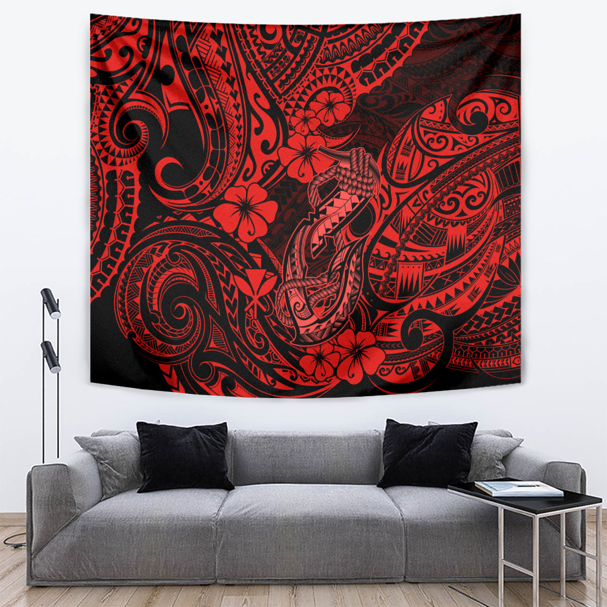 Red hibiscus tribal fish hook tapestry wall hanging with swirling Polynesian-style motifs.