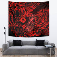 Red hibiscus tribal fish hook tapestry wall hanging with swirling Polynesian-style motifs.