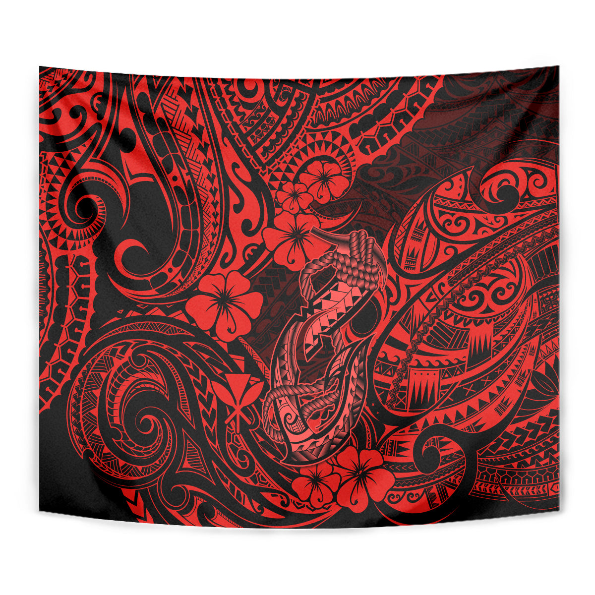 Square red and black hibiscus fish hook tapestry with bold tribal swirl artwork.
