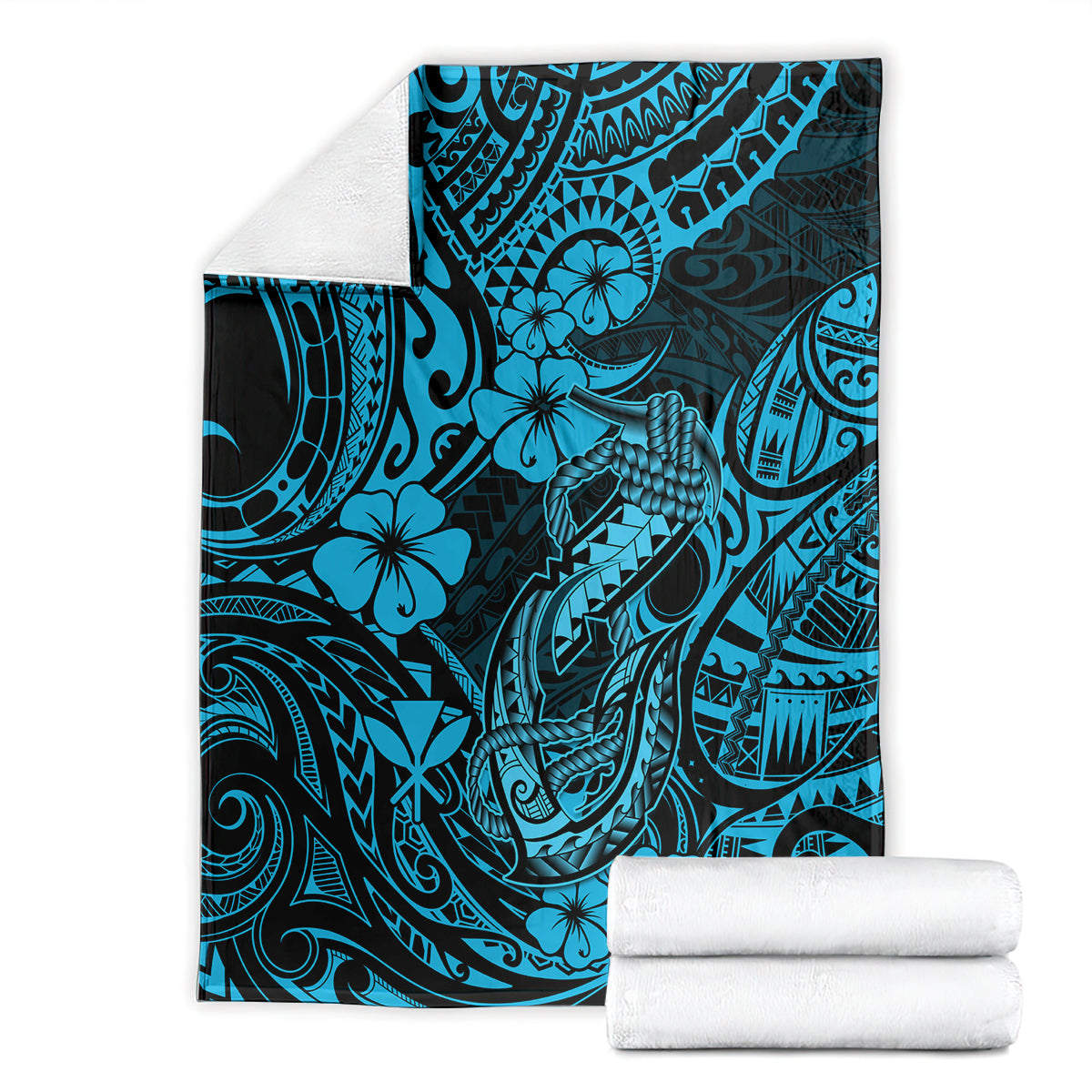 Folded blue throw blanket with fishhook, hibiscus flowers, and tribal tattoo-style pattern