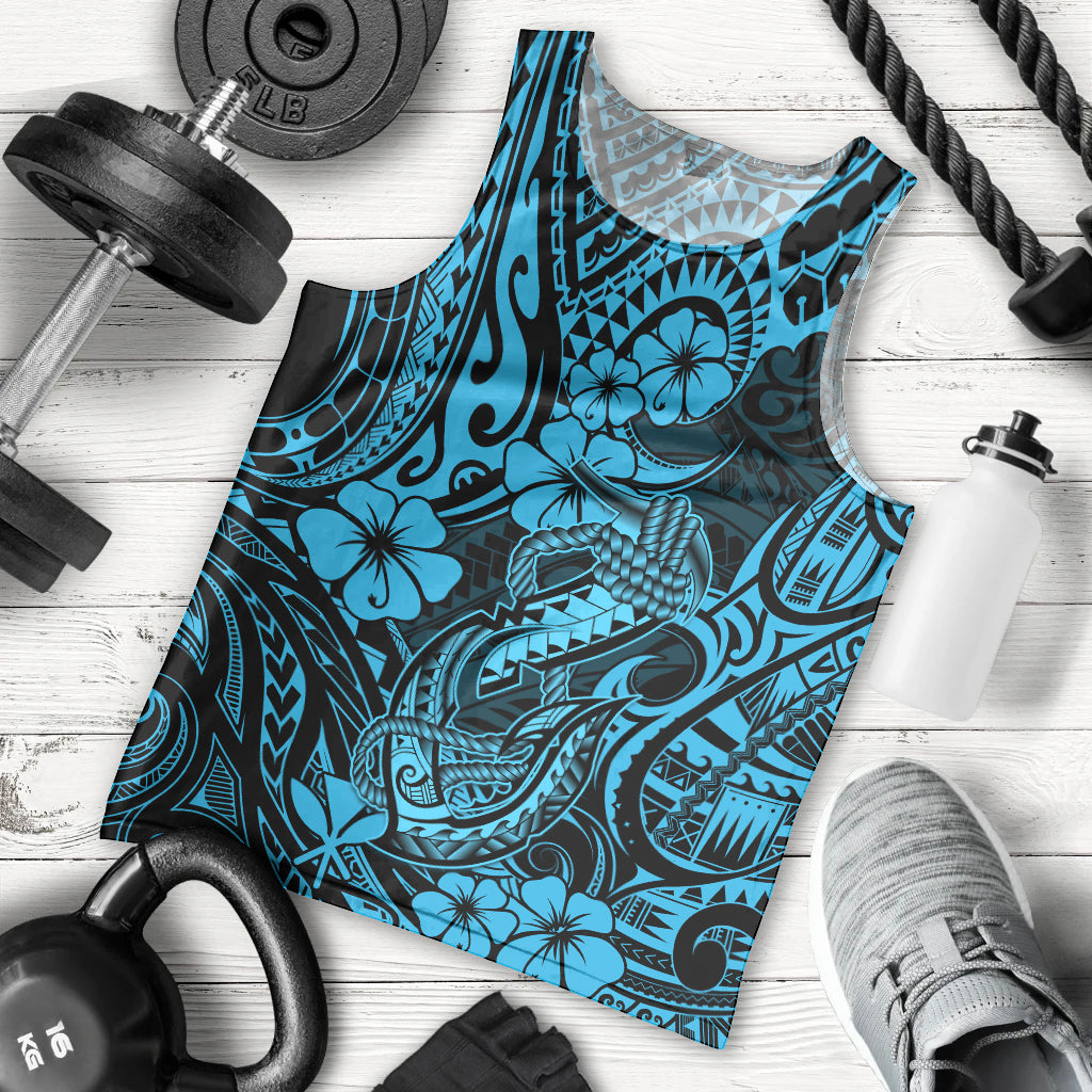 Hawaii Fish Hook Men Tank Top Hibiscus Hawaii Tribal Tattoo Sky Blue Version - Wonder Print Shop