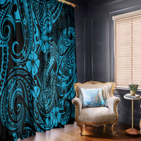 Sky blue tropical tribal window curtain with hibiscus and fish-hook artwork
