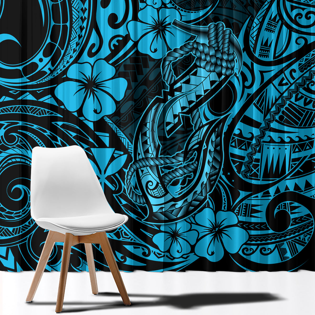 Sky blue tropical tribal curtain fabric with hibiscus floral motifs and swirl designs