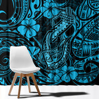 Sky blue tropical tribal curtain fabric with hibiscus floral motifs and swirl designs