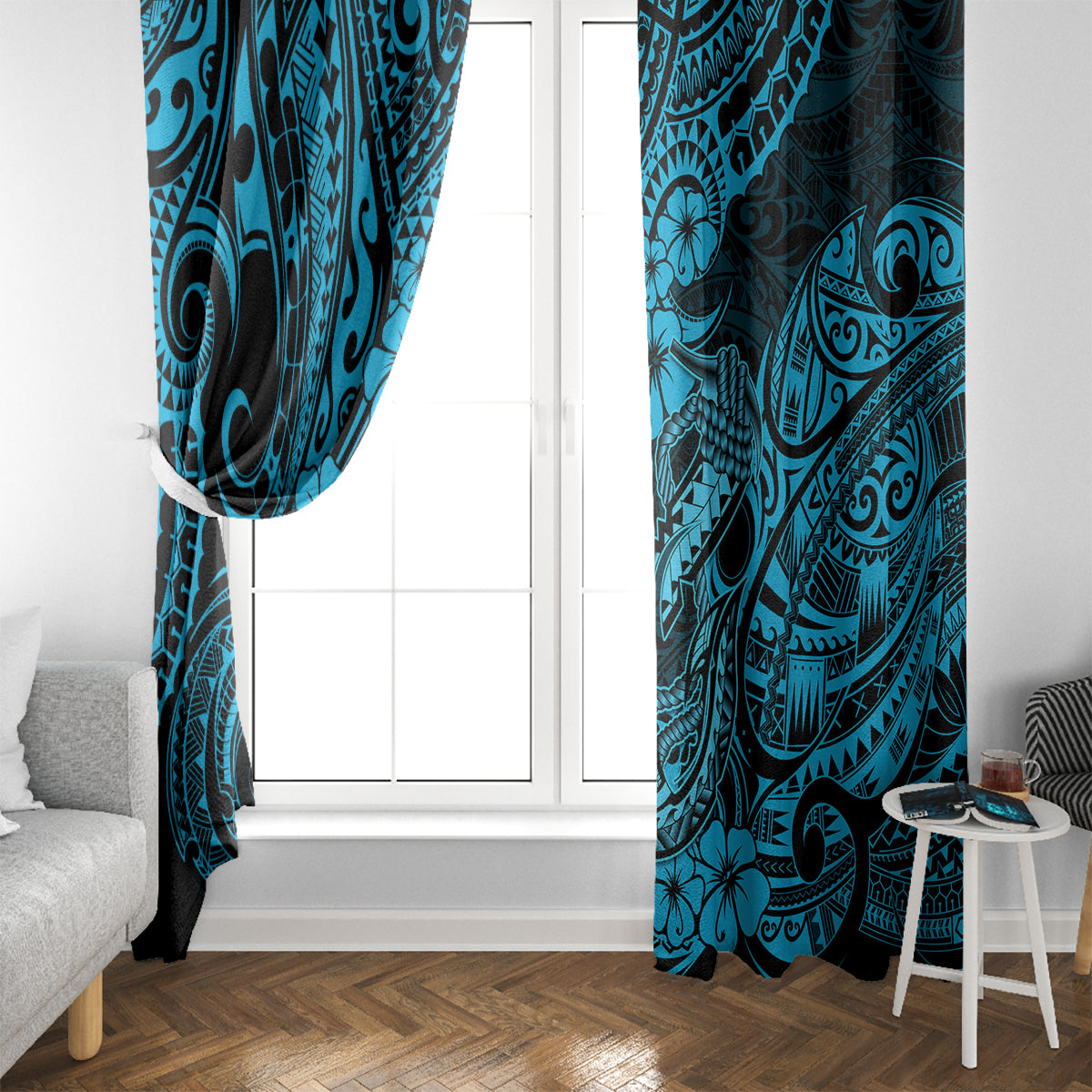 Sky blue tropical tribal window curtain panels with hibiscus and tattoo-like swirls