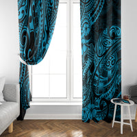 Sky blue tropical tribal window curtain panels with hibiscus and tattoo-like swirls