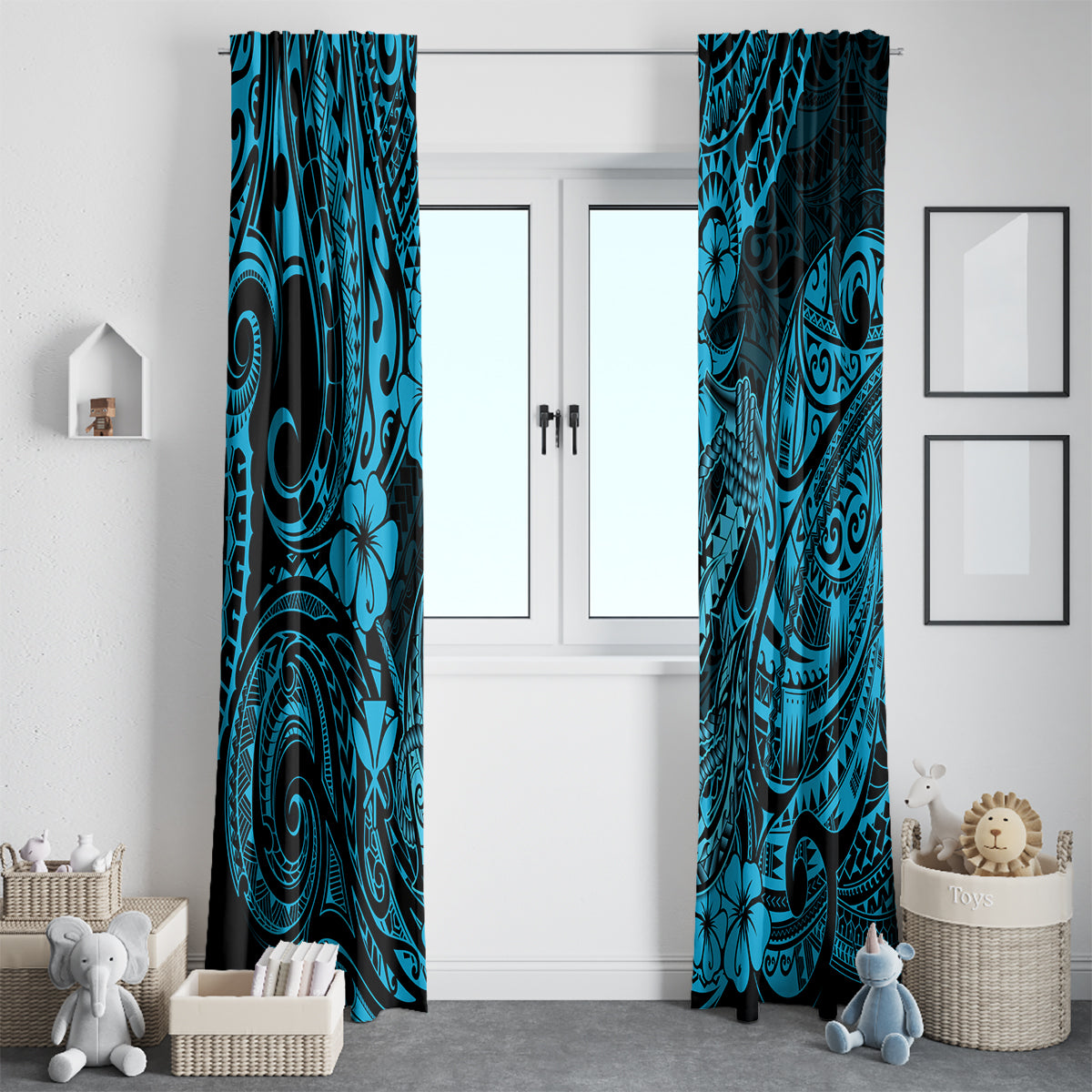 Pair of sky blue tropical tribal window curtains with hibiscus and fish-hook motifs