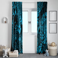 Pair of sky blue tropical tribal window curtains with hibiscus and fish-hook motifs