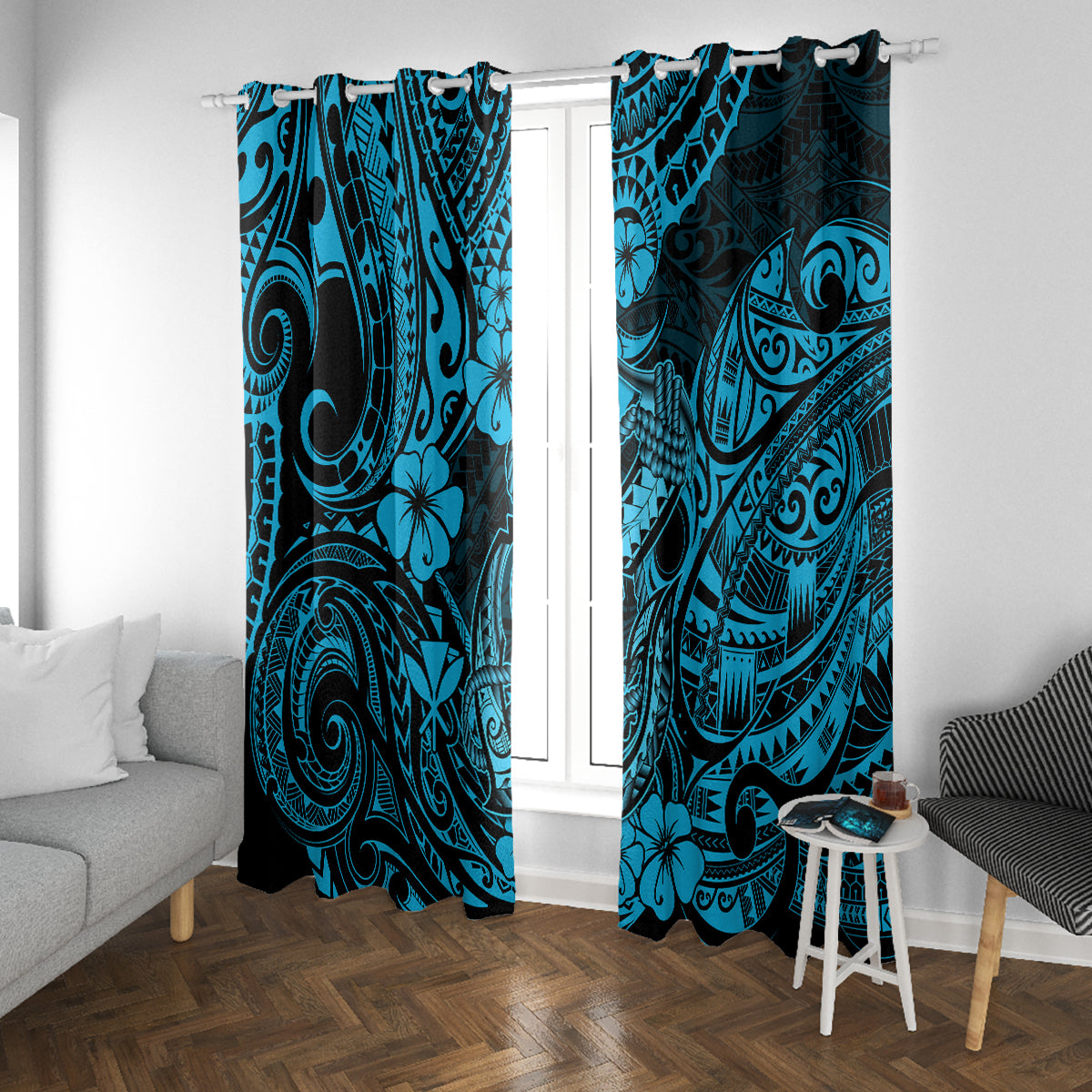 Sky blue tropical tribal window curtain panels with hibiscus bloom and spiral designs