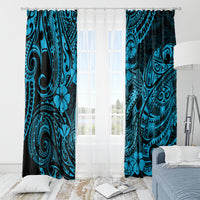 Sky blue tropical tribal window curtain pair with hibiscus and fish-hook swirl pattern