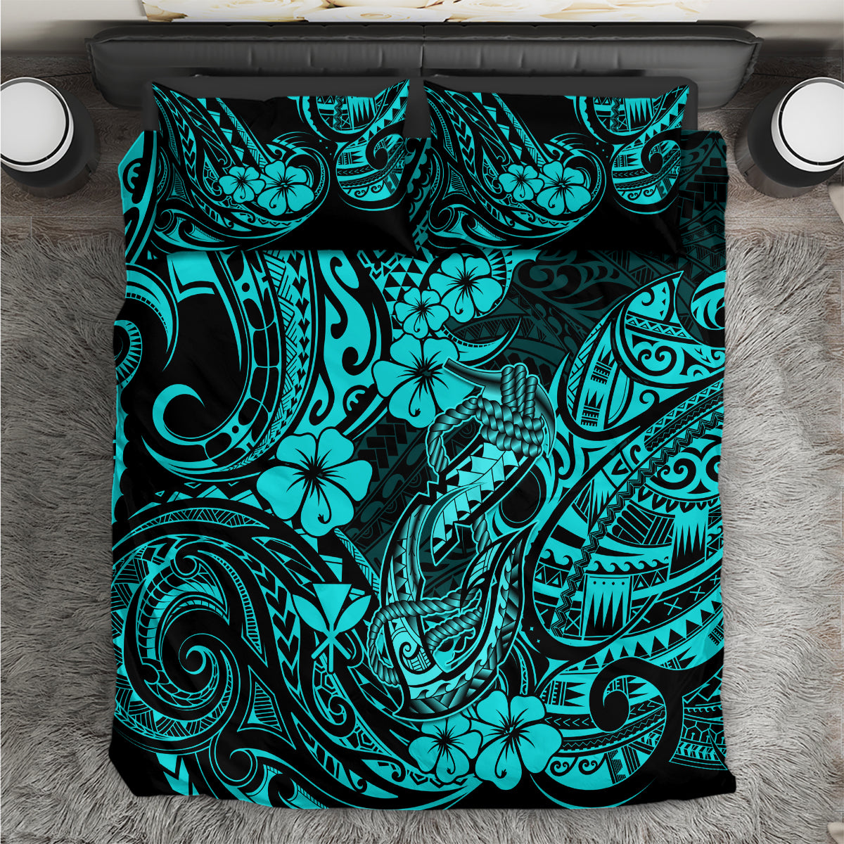 Turquoise tribal fish hook bedding set with hibiscus flowers, black accents