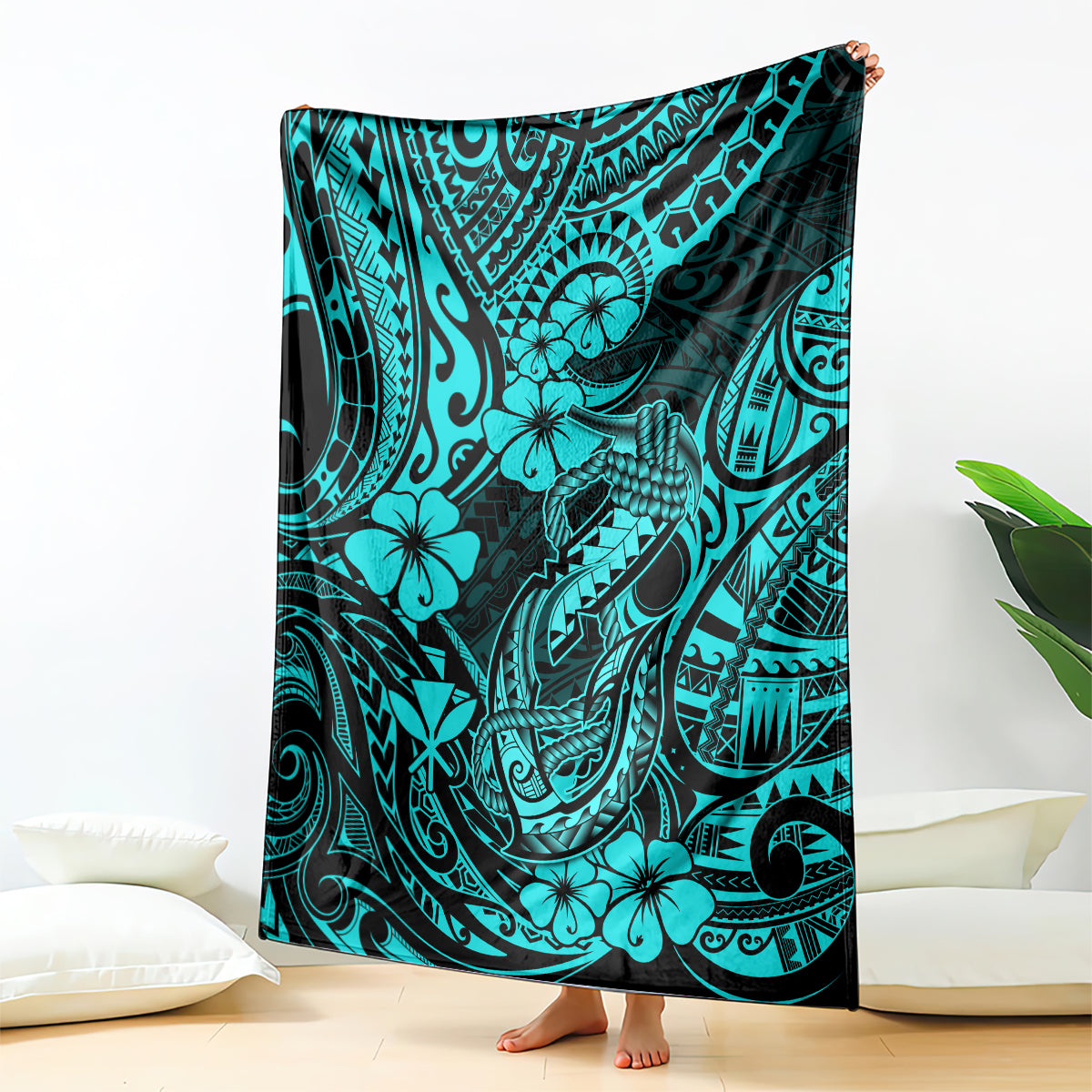 hawaii-fish-hook-blanket-hibiscus-hawaii-tribal-tattoo-turquoise-version