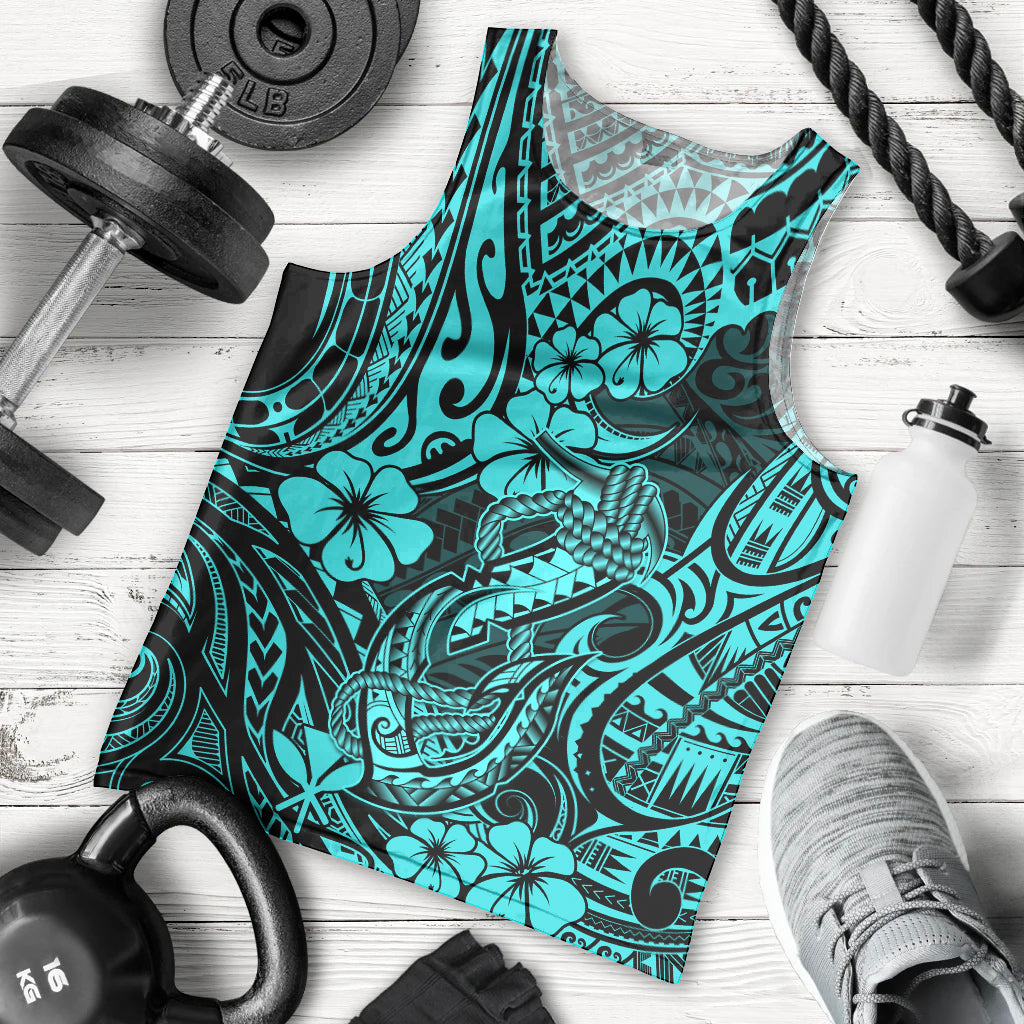 Hawaii Fish Hook Men Tank Top Hibiscus Hawaii Tribal Tattoo Turquoise Version - Wonder Print Shop