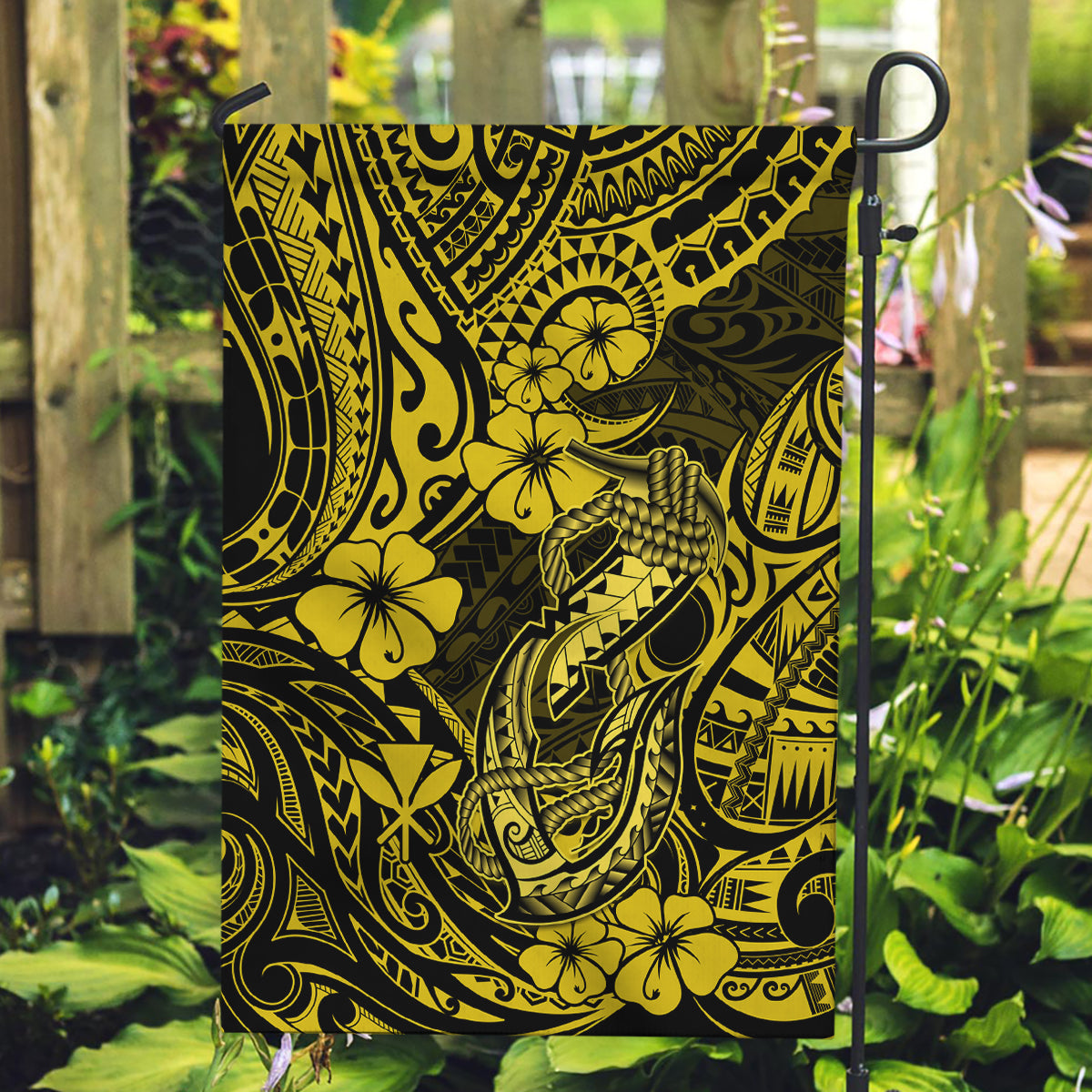 Hawaii Fish Hook Garden Flag Hibiscus Hawaii Tribal Tattoo Yellow Version - Wonder Print Shop