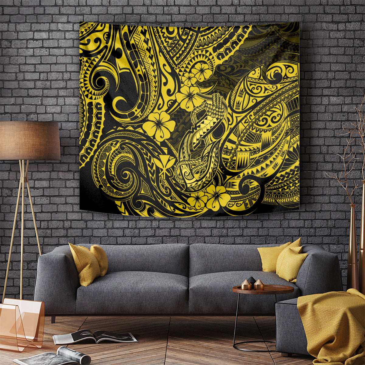 Yellow and black tribal tapestry with hibiscus flowers and tiki-style swirls