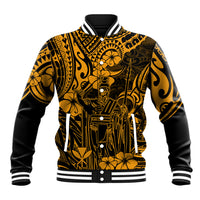 Gold-and-black Polynesian baseball jacket, ribbed striped collar and cuffs