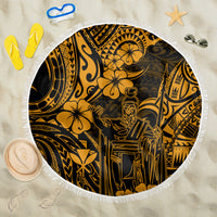 Round beach blanket with white fringe edge, gold and black Polynesian King Kamehameha pattern