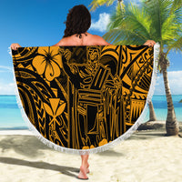 Round beach blanket with white fringe, gold and black Polynesian King Kamehameha pattern, spread