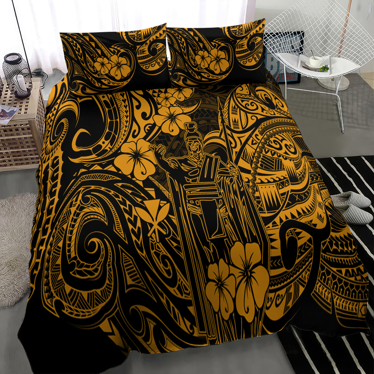 Gold and black Polynesian-style bedding set with duvet cover and two pillow shams