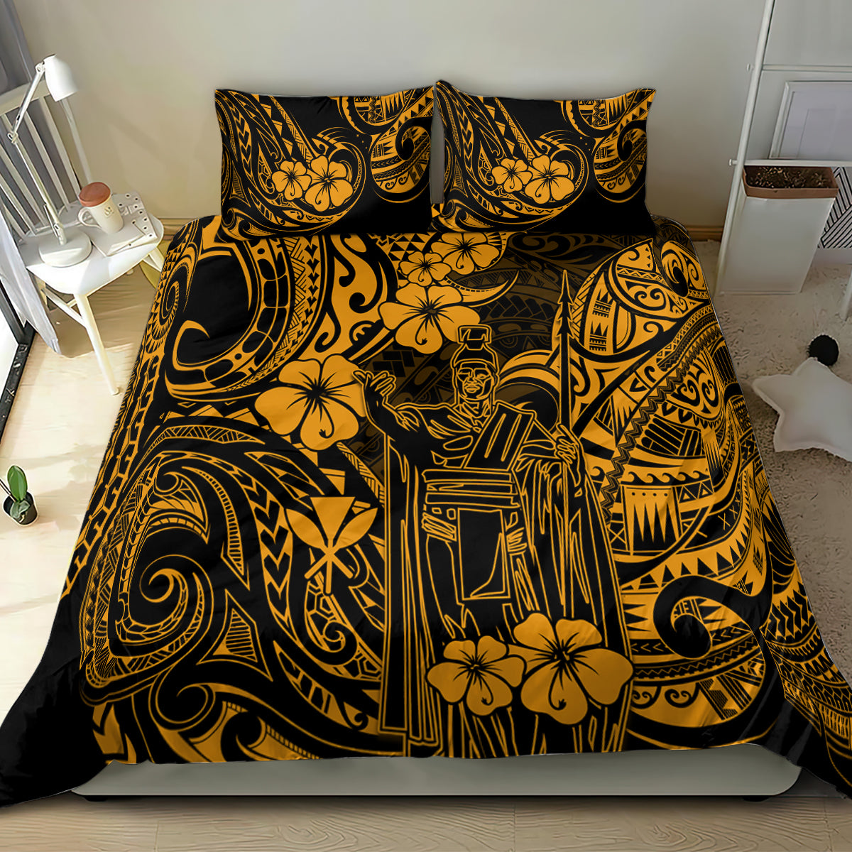 Gold and black Polynesian-style bedding set, duvet cover with two pillow shams on bed