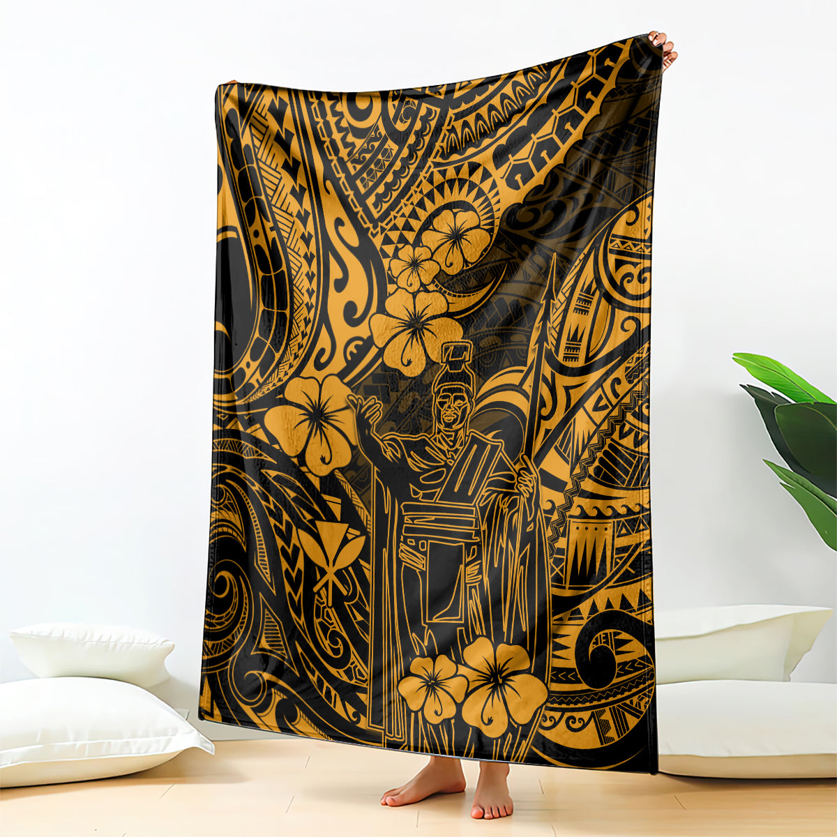 Gold and dark Polynesian pattern blanket with floral motifs and central warrior figure