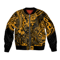 Unisex gold and black patterned bomber jacket, full-zip front, ribbed cuffs