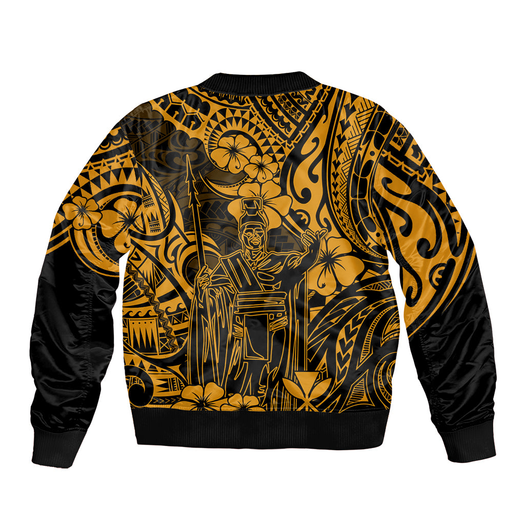 Unisex gold and black patterned bomber jacket, ribbed hem and cuffs