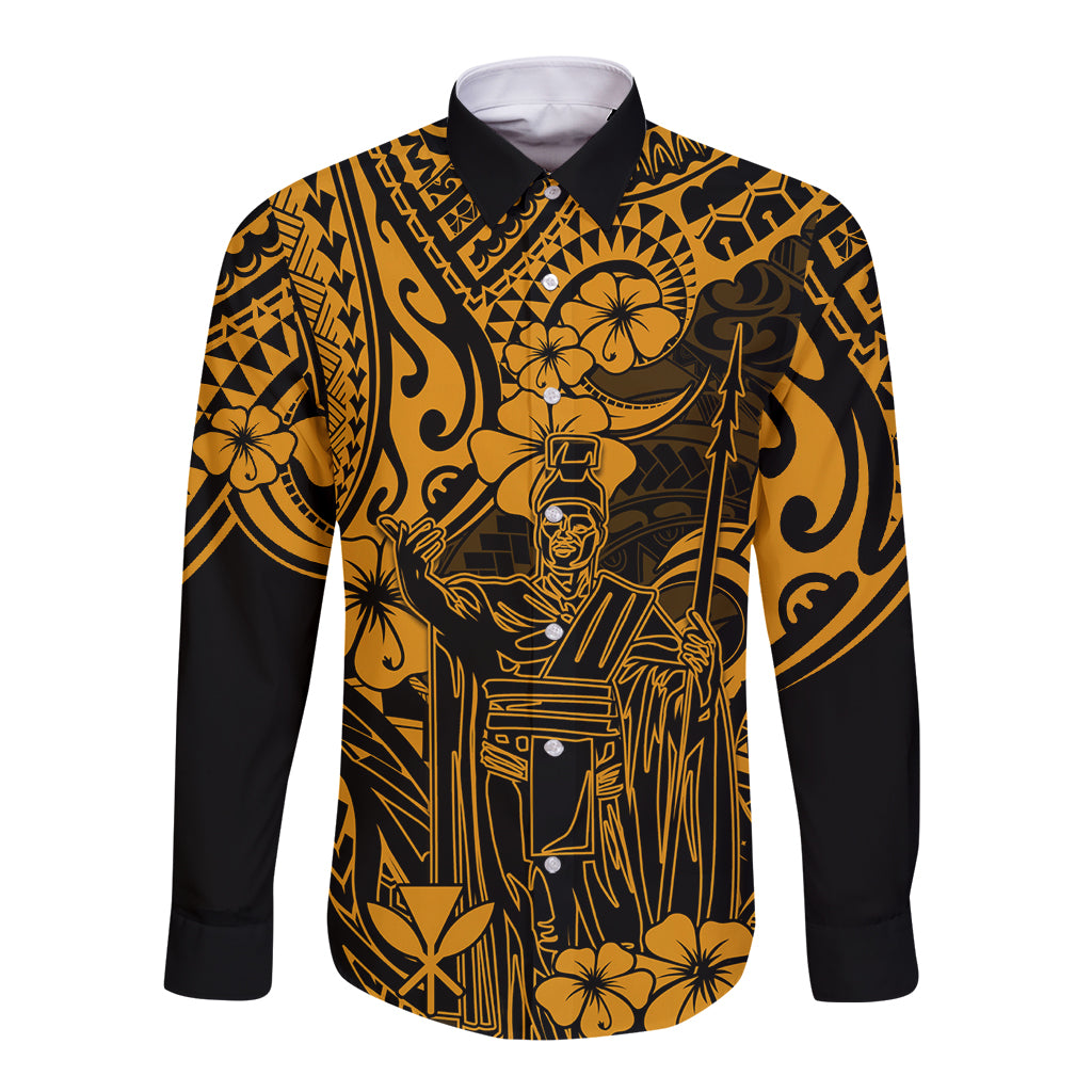 Long sleeve button shirt, gold and black Polynesian king graphic with floral accents