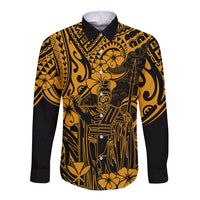 Long sleeve button shirt, gold and black Polynesian king graphic with floral accents