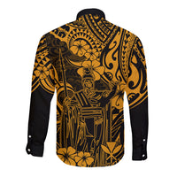 Long sleeve button shirt in gold and black with back Polynesian king illustration