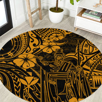 Round Polynesian pattern carpet in gold and dark tones with Kamehameha figure design