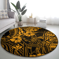 Round Polynesian pattern carpet in gold and dark tones with Kamehameha artwork centerpiece