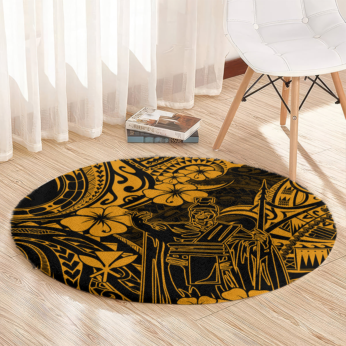 Round Polynesian pattern carpet with gold and dark accents, Kamehameha figure at center