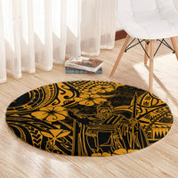 Round Polynesian pattern carpet with gold and dark accents, Kamehameha figure at center