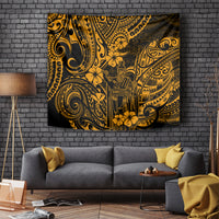 Gold and black Polynesian pattern tapestry, draped wall cloth with floral motifs