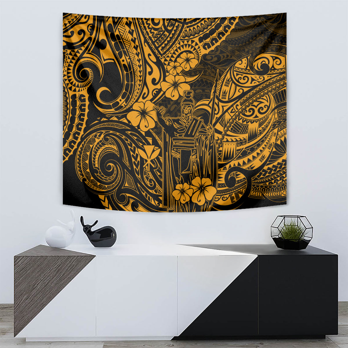 Gold and black Polynesian tapestry wall hanging with stylized face and flowers