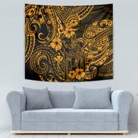 Gold and black ornate Polynesian tapestry on wall, swirls and hibiscus-like flowers