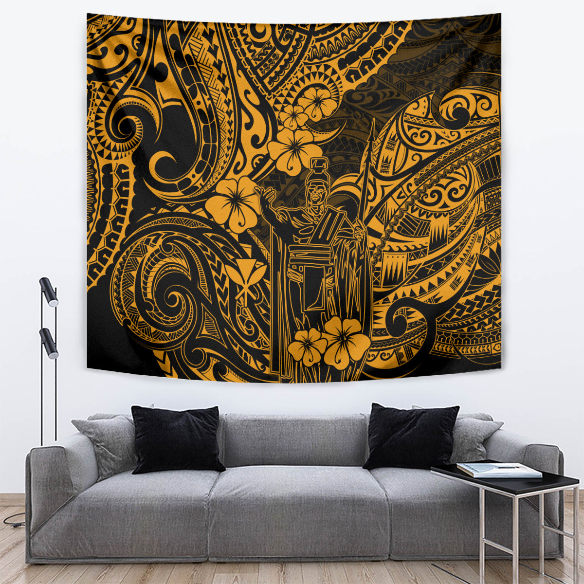 Gold and black Polynesian pattern tapestry wall hanging with tribal figures and swirls